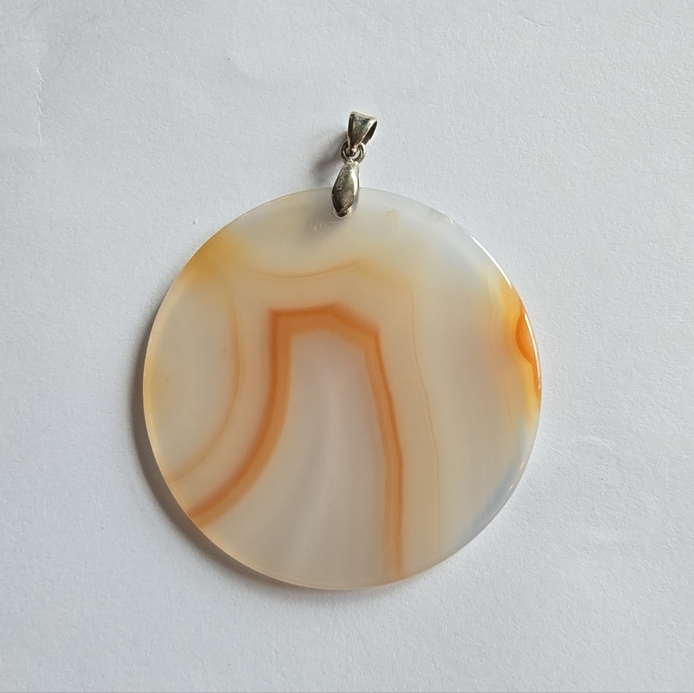 Agate stone pendant milky grey white with orange lines round disc circle silver